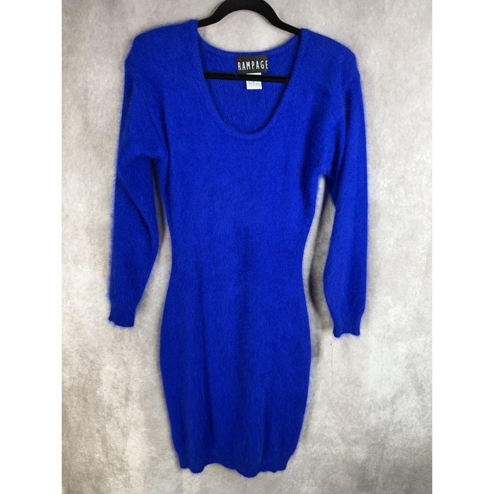 VTG Y2K 90s Rampage Angora Blend Bodycon Dress In Cobalt Blue Size L NWT
